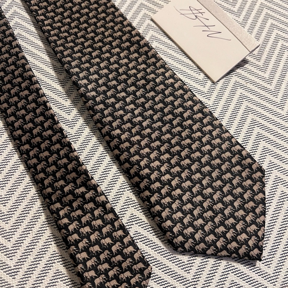 Jim Thompson Black and Tan Elephant Design Silk Tie